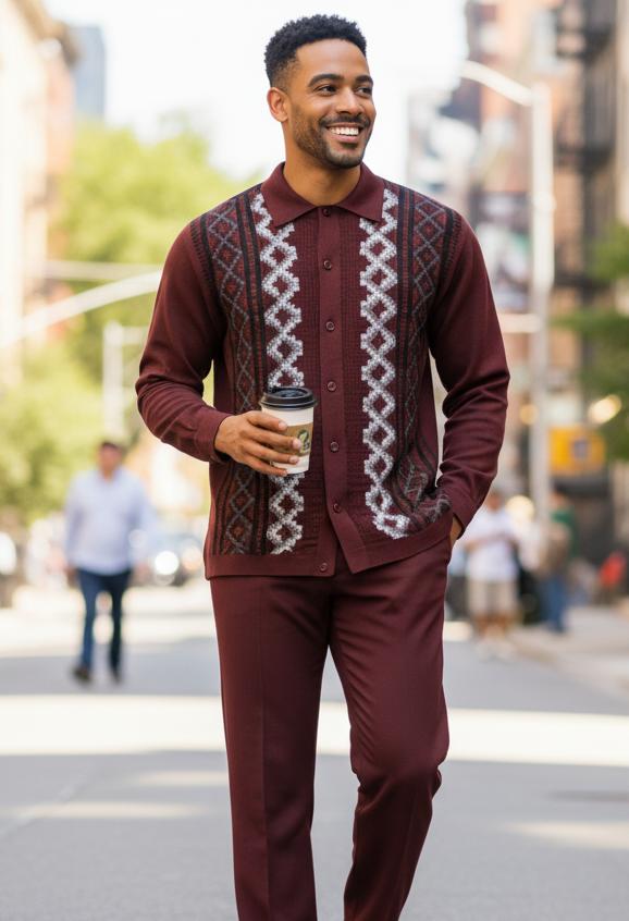 Silversilk Men's Fall Knit Front Shirt Pants Set Burgundy 14010