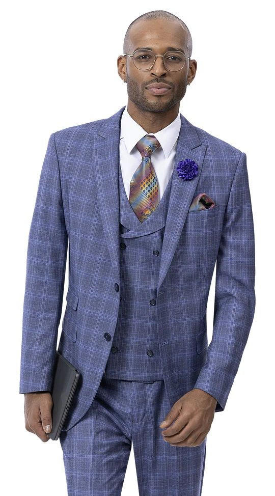 EJ Men's 1920s Plaid Fashion Suit Light Purple Peak Lapel Low Cut