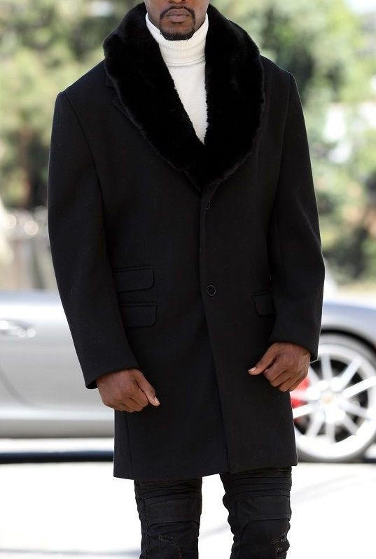 Mens Fur Collar Wool Car Coat Black Overcoat Car-Coat Alberto IS