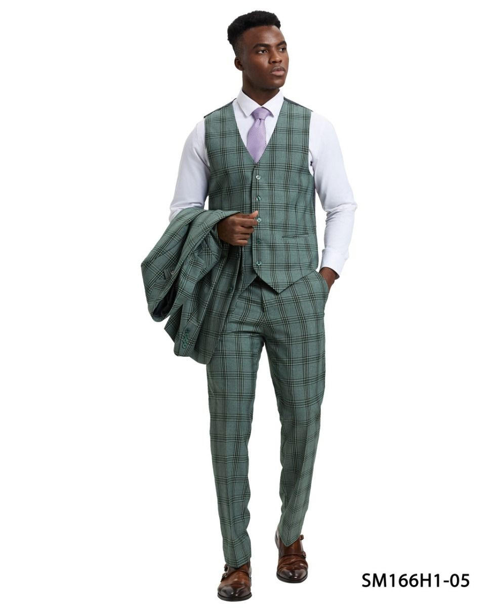 Stacy Adams Men's Green Wide Lapel Plaid Jacket 3 Piece Suit SM166H-05