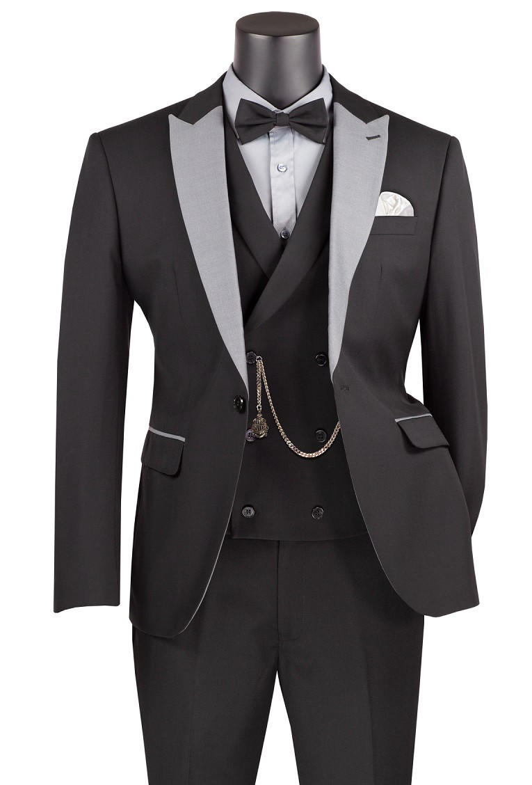 Vinci Men's Slim Fit Prom Suit Black Fancy Vest Bowtie Set