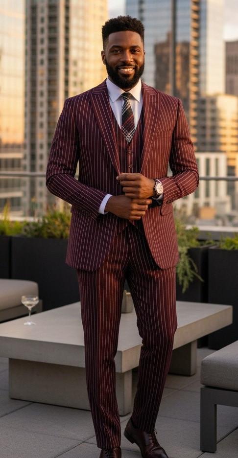 Men's 1920s Gangster Stripe Suit Burgundy Vest Wedding V2RS-9