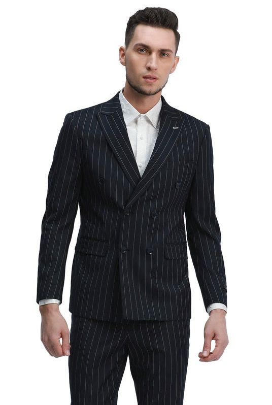 Men's Skinny Fit Double Breasted Pinstripe Suit Navy Peak Lapel