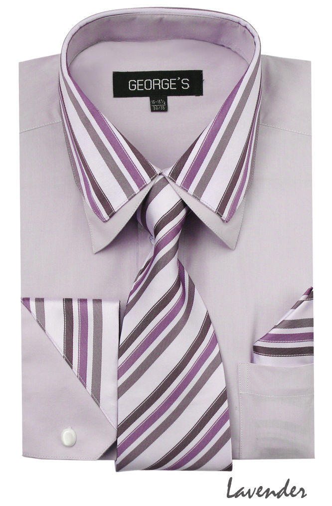 Men's Stylish Lavender Stripe Collar Dress Shirt Tie Combo AH611