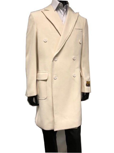 Mens Fur Collar Double Breasted Wool Car Coat White Manhattan