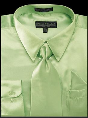 Daniel Ellissa Mens Apple Green Shiny Satin Dress Shirt Tie Set