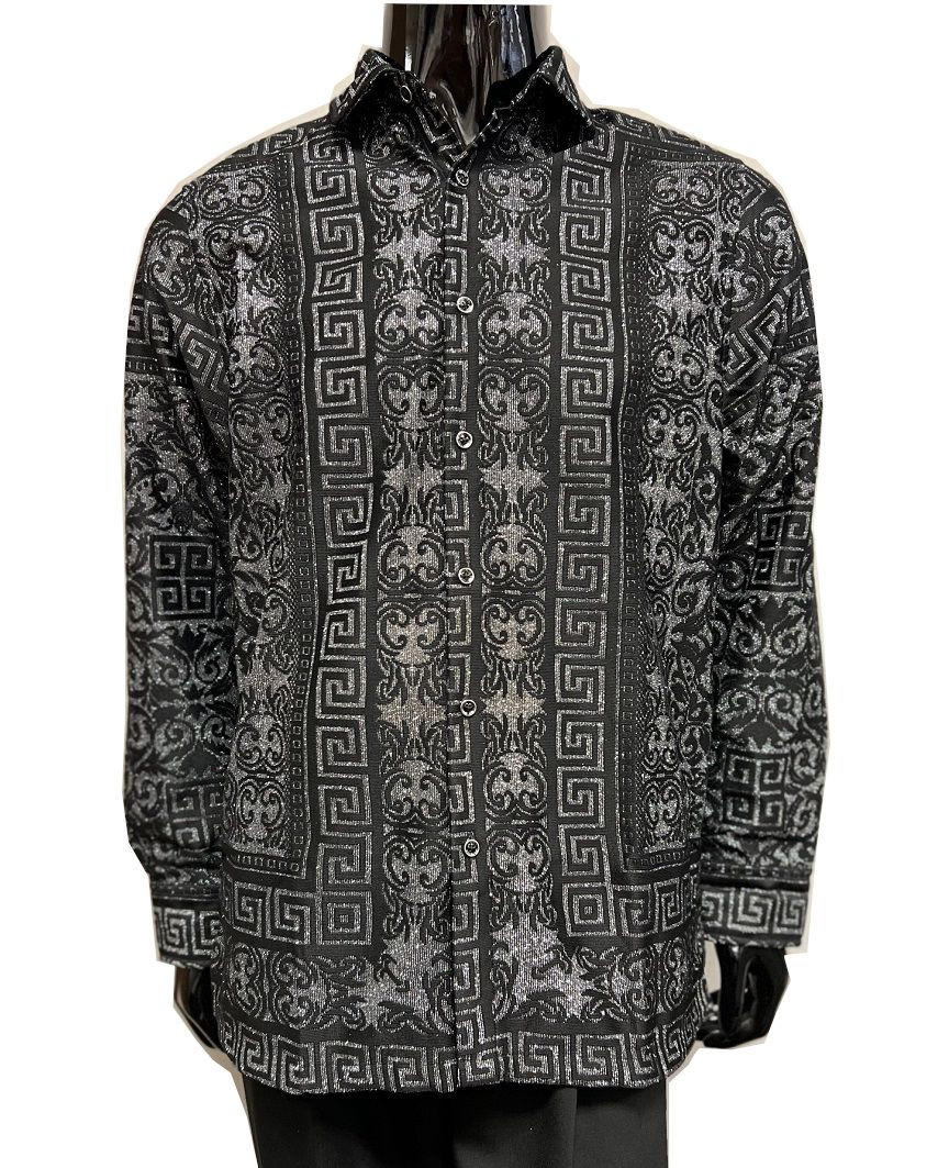 Prestige Trendy Club Shirt Mens Black Silver Greek Key