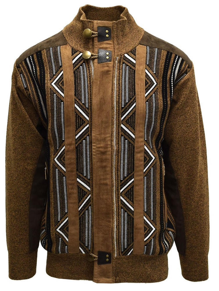 ★FACADE PATTERN★ Fur collar leather jumper_brown Silversilk Sweater Mens Brown Pattern Zipper Front Fashion