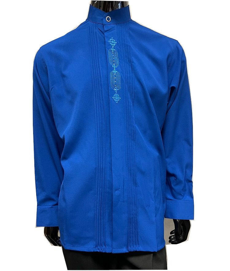 Pronti Mens Royal Blue No Collar Party Shirt Long Sleeve