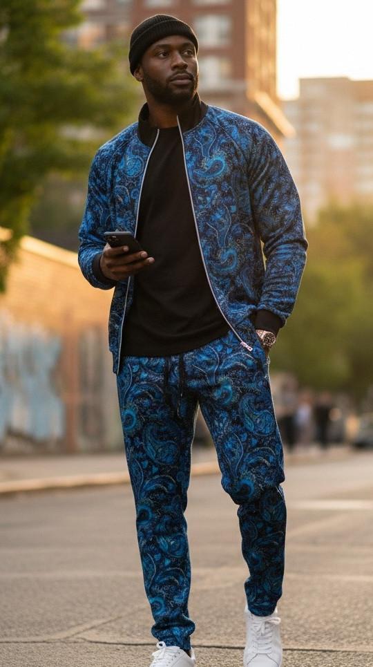 Inserch Mens Jogging Suit Velour Paisley Blue SEL901 Size 2XL,3XL