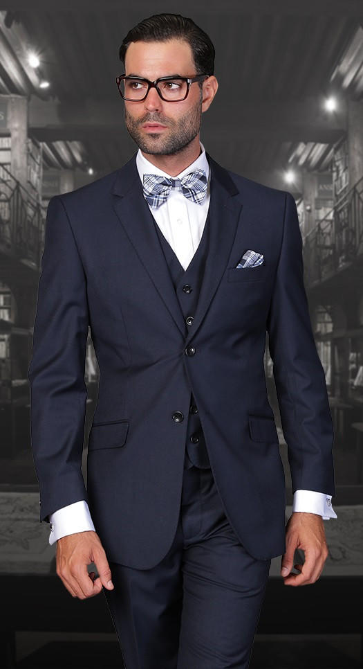 Men's Tight Fitting Navy Slim Fit Style 3 Piece Suit Tazio M154S-02