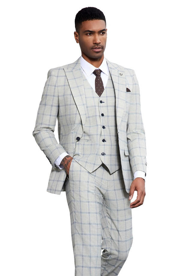 Stacy Adams Men's 3 Piece Light Blue Plaid Suit SM171H1-101
