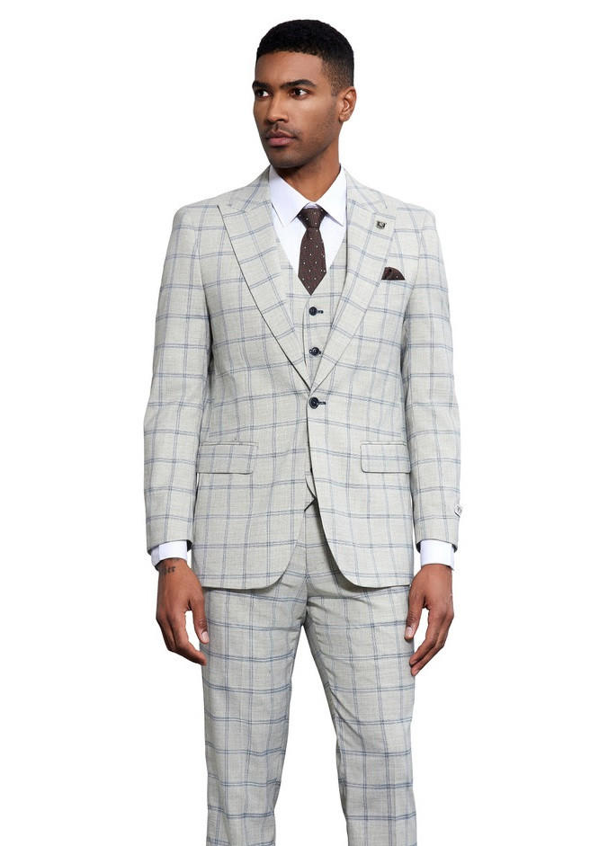 Stacy Adams Men's 3 Piece Light Blue Plaid Suit SM171H1-101
