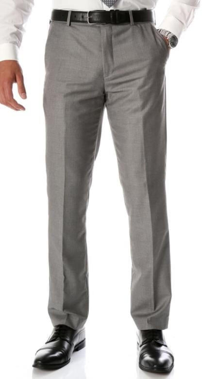 Men's Modern Fit Slacks Gray Plain Front Dress Pants OM-TR