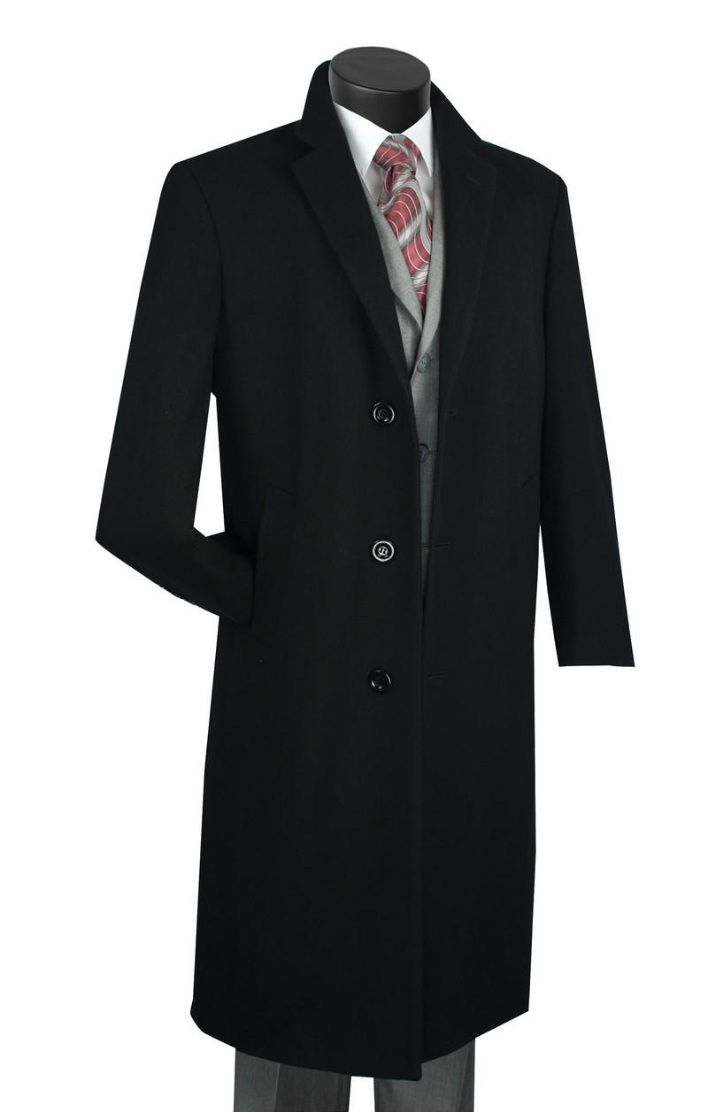 Vinci Men's Wool Topcoat Black Full Length Long Coat CL48