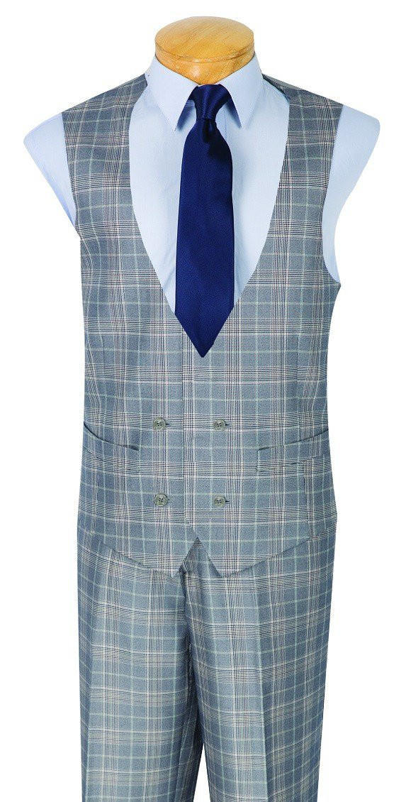 Mens 1930s Gray Plaid 3 Piece Church Suit Fancy Vest Vinci V2RW-7