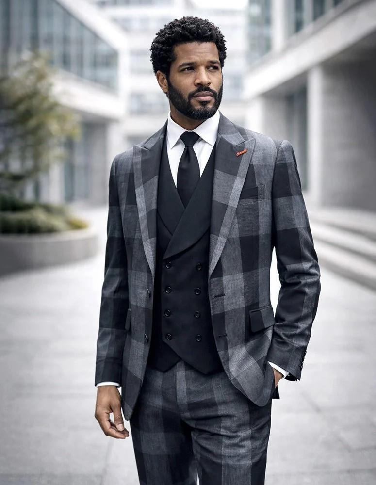 Statement Men's Big Checker Wool Peak Lapel Modern Fit Suit 3