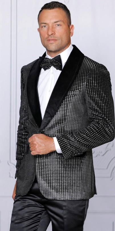 Manzini Mens Houndstooth Velvet Black Blazer Bow Tie Set MZW-529