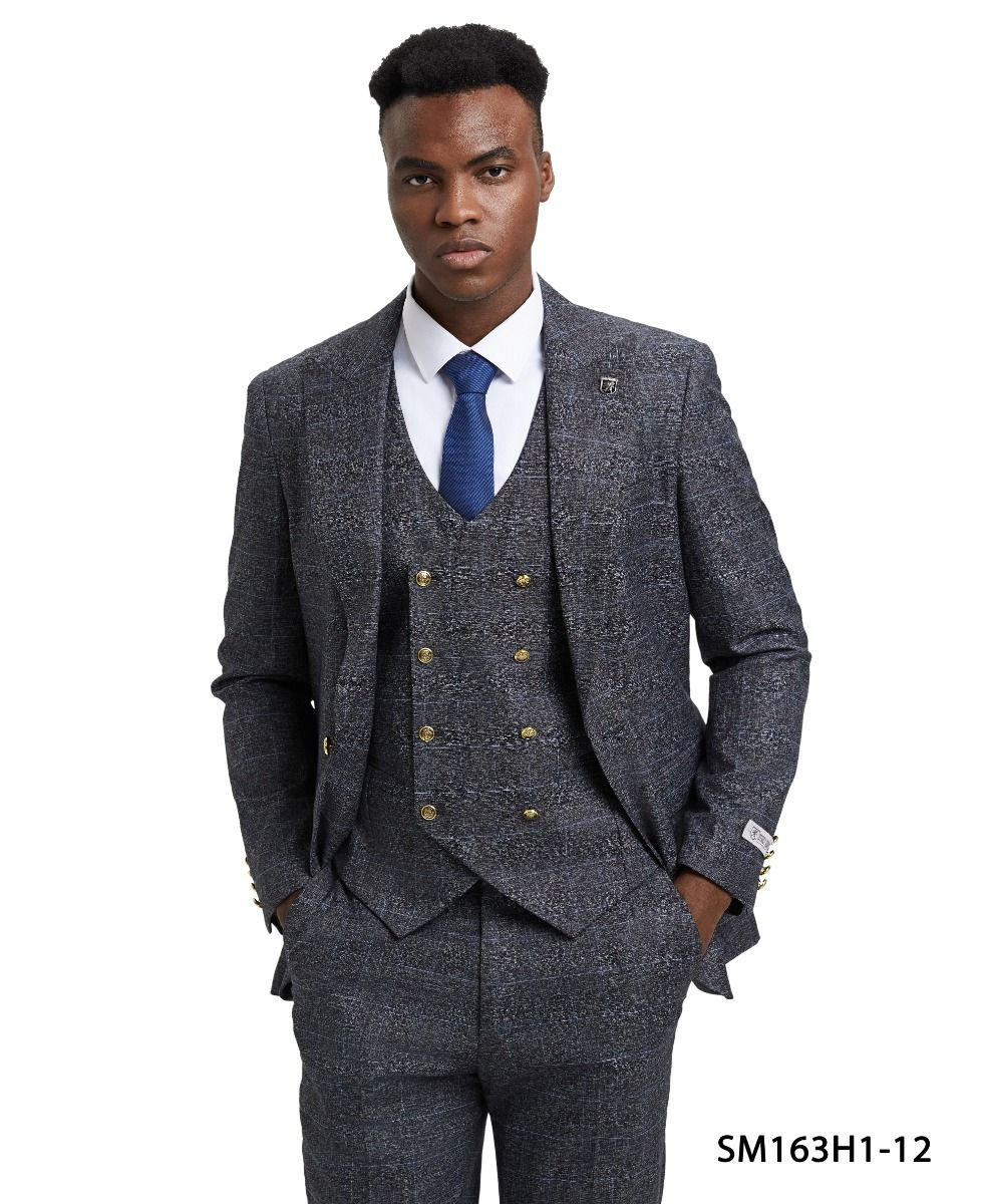 Stacy Adams Men's Charcoal Gold Button 3 Piece Suit Plaid SM163H-12