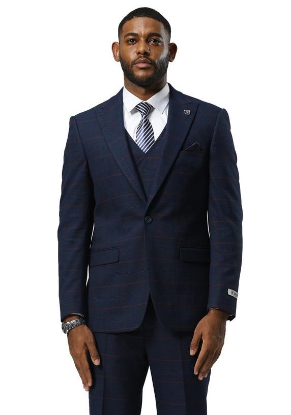 Stacy Adams Men's Navy Glen Plaid 3 Piece Suit Wide Lapel SM187H-05