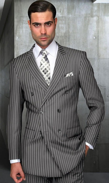 Statement Mens Double Breasted Wool Gray Pinstripe Suit DB