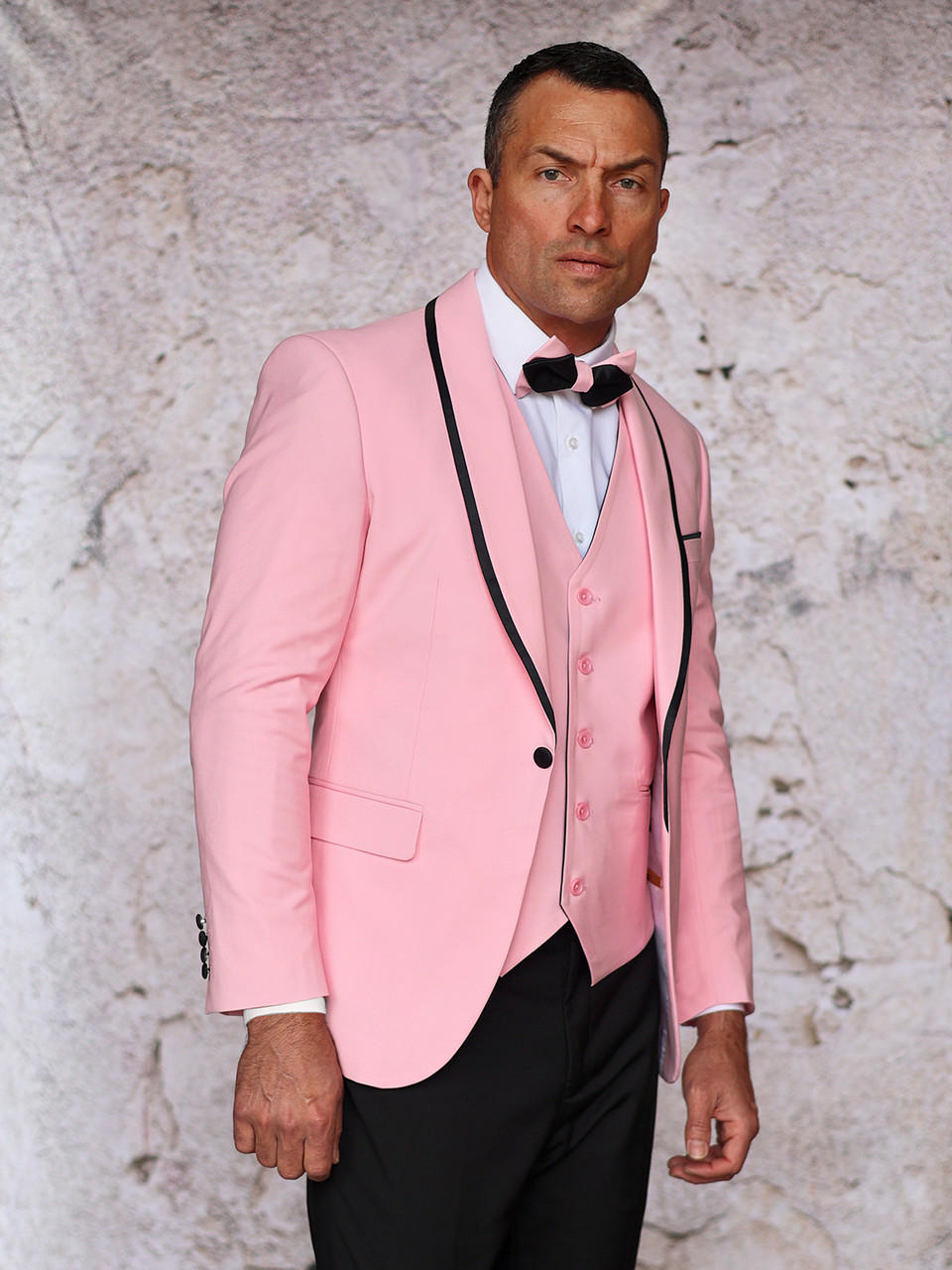 Manzini Mens Fashionable Pink Black Fitted Prom Suit Tuxedo Sunset