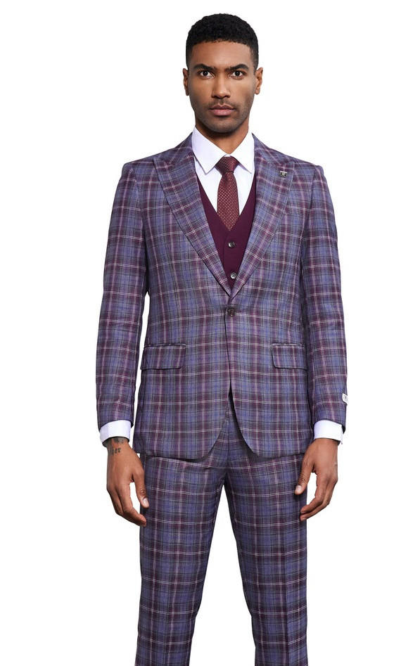 Stacy Adams Men's Plaid Suit Three Piece Blue Wine SM177H1-25