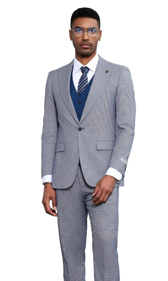 Stacy Adams Men's Glen Plaid 3 Piece Suit Blue SM183H-02
