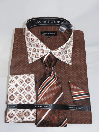 Brown White Mens Slim Fit French Cuff Shirts with Cufflink Holes