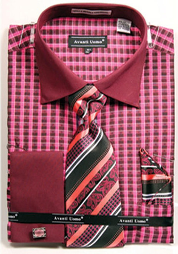Avanti Mens Fuchsia Gingham Pattern Dress Shirt &Tie Combo
