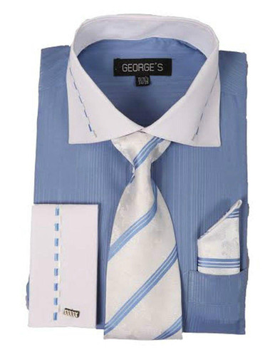 blue and white dress shirt Proper Cloth Men's Stanton 120s Light Blue Wide Stripe Custom Dress Shirt