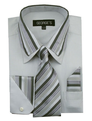 Men's Long Sleeve Dress Shirt Set - Pointed Collar Shirt With Matching Tie & Pocket Square, Ash Gray, 16-16.5 Neck