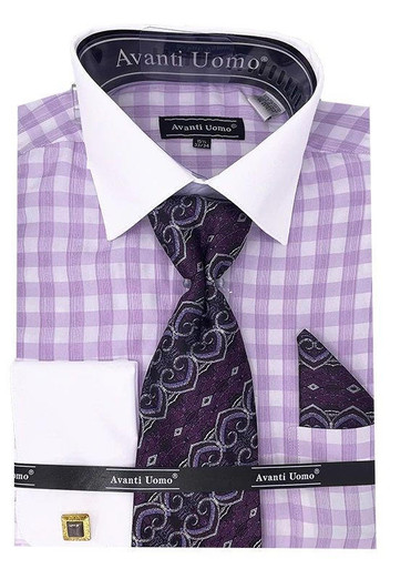 Mens Lilac Ginham Dress Shirt Set French Cuff Avanti DN106M