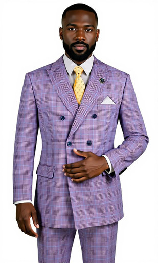 Mens Double Breasted Fashion Suit Light Purple Plaid DRW-2