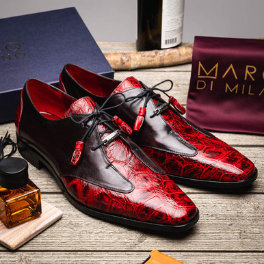 Marco Di Milano Men's Black Cherry Alligator Derby Dress Shoes Anzio