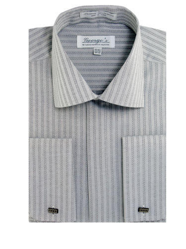 French Cuff Dress Shirt Mens Silver Tonal Stripe SG30