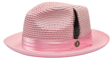 Bruno Capelo Men's Straw Fedora Summer Hat Pink White GE385