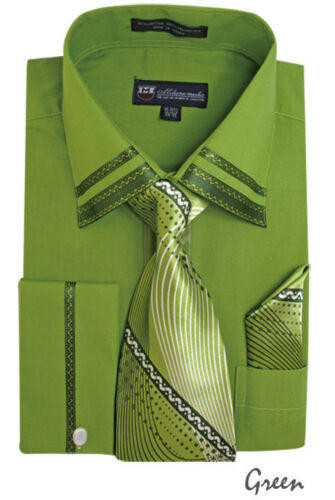 Men's Green Trim Collar Dress Shirt Matching Tie Set SG28