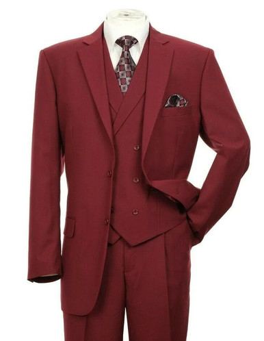 Men's Burgundy Suit 3 Piece Double Breasted Vest Milano 5702V9