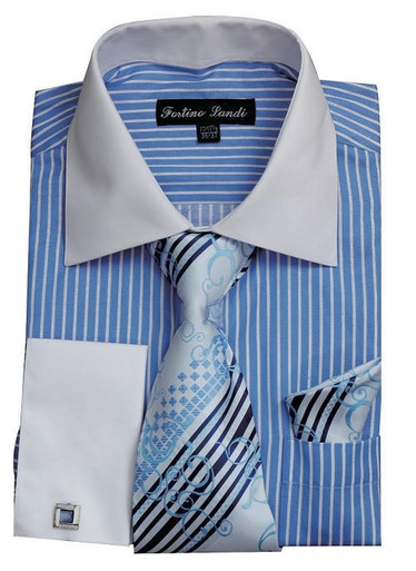 Mens Blue Dress Shirt Tie Combo Set White Collar Handerskerchief ...