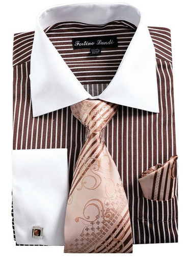 brown and white dress shirt Mens Dress Shirt Tie Combo Set Brown Stripe Fortino FL631