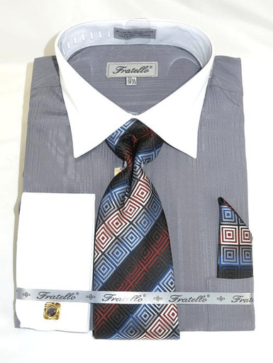Fratello French Cuff Gray  - Herringbone Tweed Stripe Big and Tall Sizes 18 19 20 21 22 Inch Neck Men's Dress Shirt main image 0