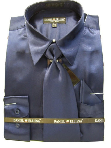 Daniel Ellissa Mens Navy Blue Shiny Satin Dress Shirt Tie Set