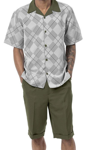 Montique Men's Olive Green Short Set Outfit Diamond Pattern 72216