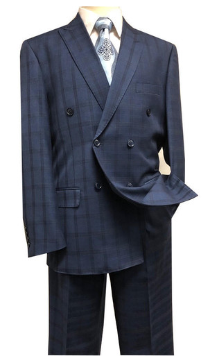 Statement Double Breasted Wool Suit Mens Sapphire Plaid SD-200 Size 54L