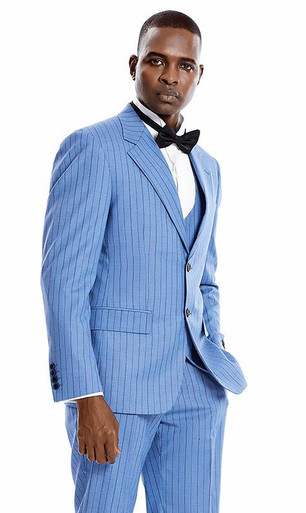 Men's Smoke Blue Stripe Skinny Fit Suit 3 Piece Vest Fitted Tazio M371SK-03