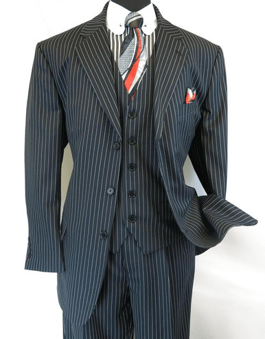 Mens Black Wool Pinstripe 3pc. Suit Alberto 3BV Size 38R Final Sale