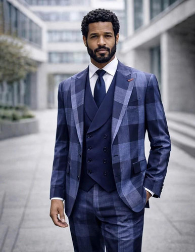 Men's Midnight Blue Wool 3-Piece Suit - Modern Fit Carneli