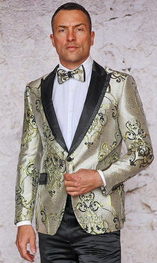 MANZINI PLATINUM 3-Piece Slim-Fit Men's Rhinestone Satin Floral Tuxedo Suit Black