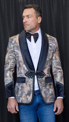 MANZINI MZS-566 Men's Tailored-Fit Fancy Velvet Paisley Tuxedo Dinner Jacket Brown
